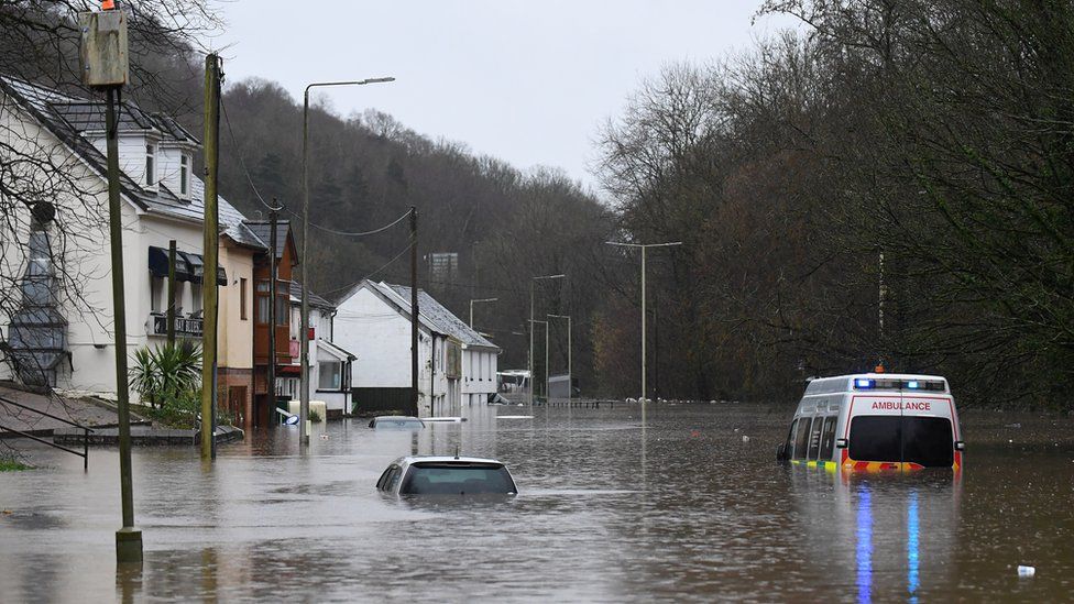 Ambulance submerged in flood water in Nantgarw