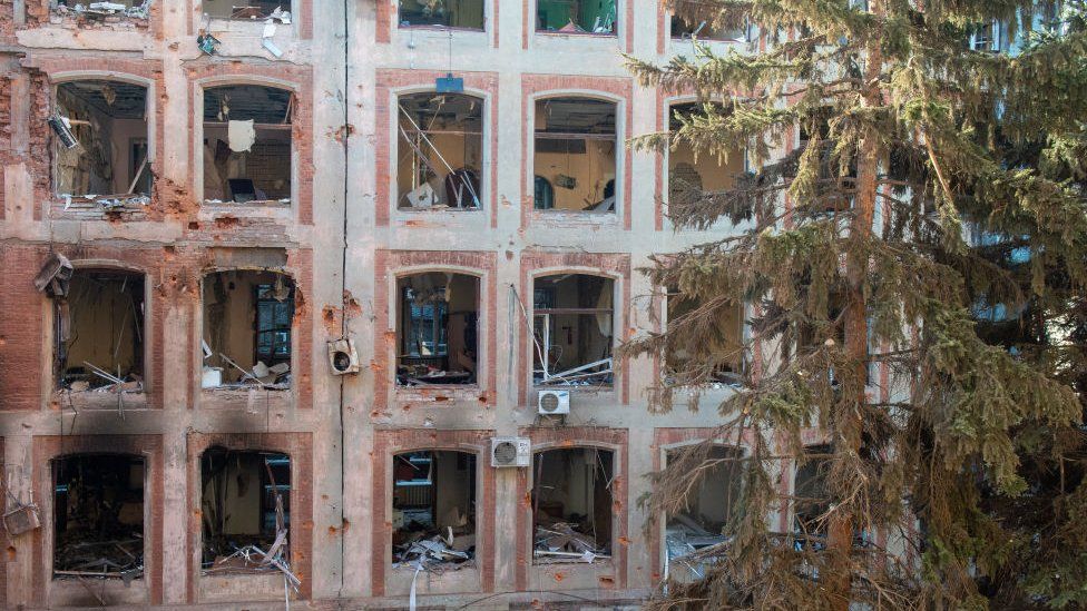 The building of the Faculty of Economics of the V N Karazin Kharkiv National University, destroyed by a Russian missile in Kharkiv, Ukraine on March 24, 2022