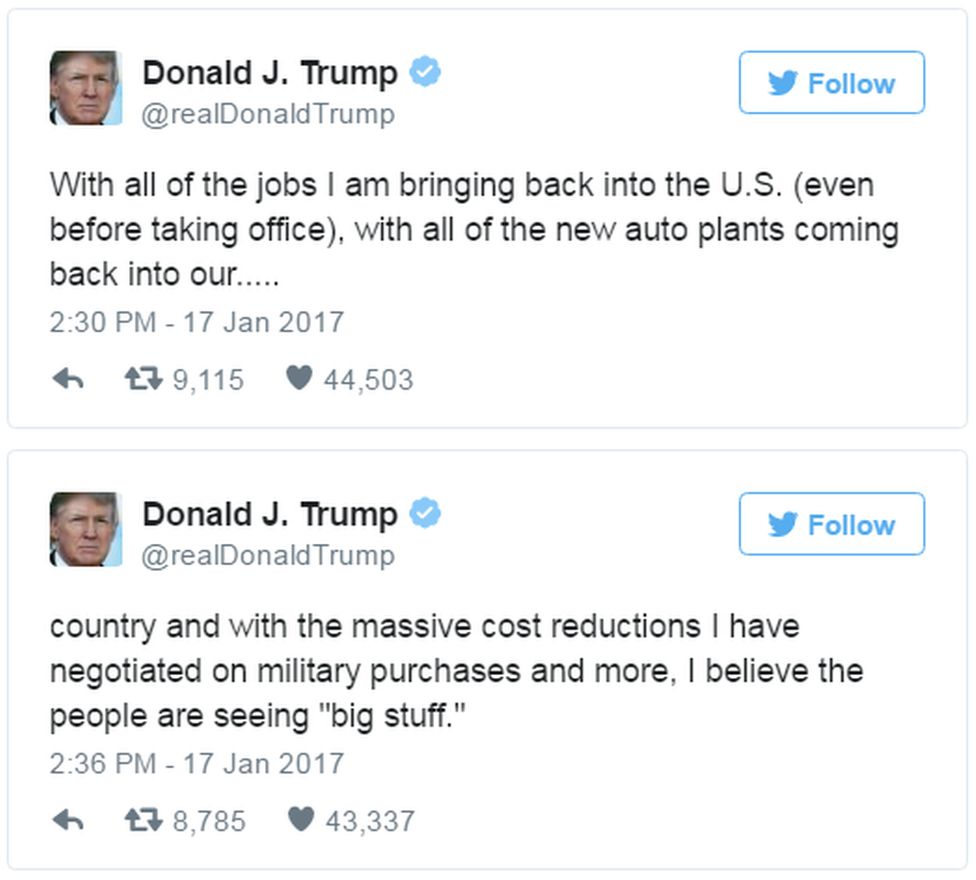 A tweet reads: "With all of the jobs I am bringing back into the U.S. (even before taking office), with all of the new auto plants coming back into our..... country and with the massive cost reductions I have negotiated on military purchases and more, I believe the people are seeing "big stuff."