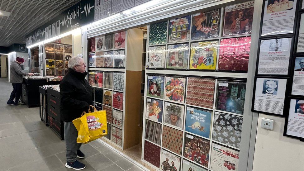 colourful LP sleeves on display at Spin-It Records in Hull