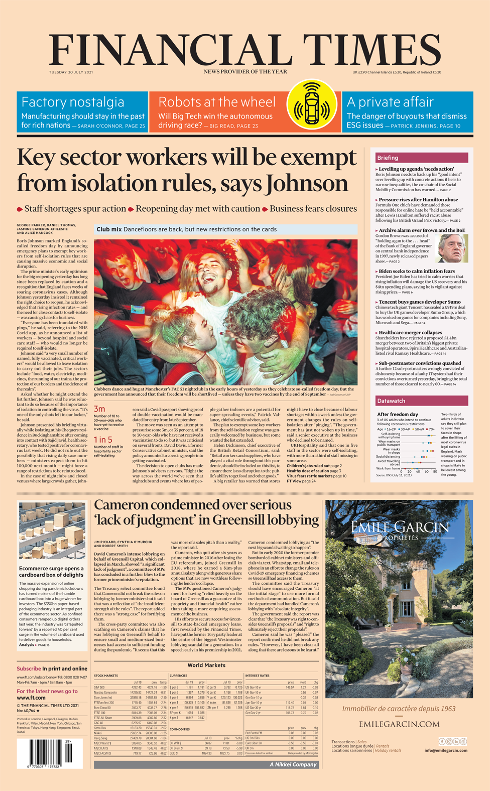 Financial Times front page 20/07/21