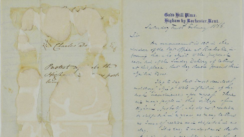 Письмо, написанное Чарльзом Диккенсом И. Х. Ньюману из Гэдс-Хилл-плейс 10 февраля 1866 года, в котором Диккенс страстно протестует против предложенного изменения воскресной почтовой службы