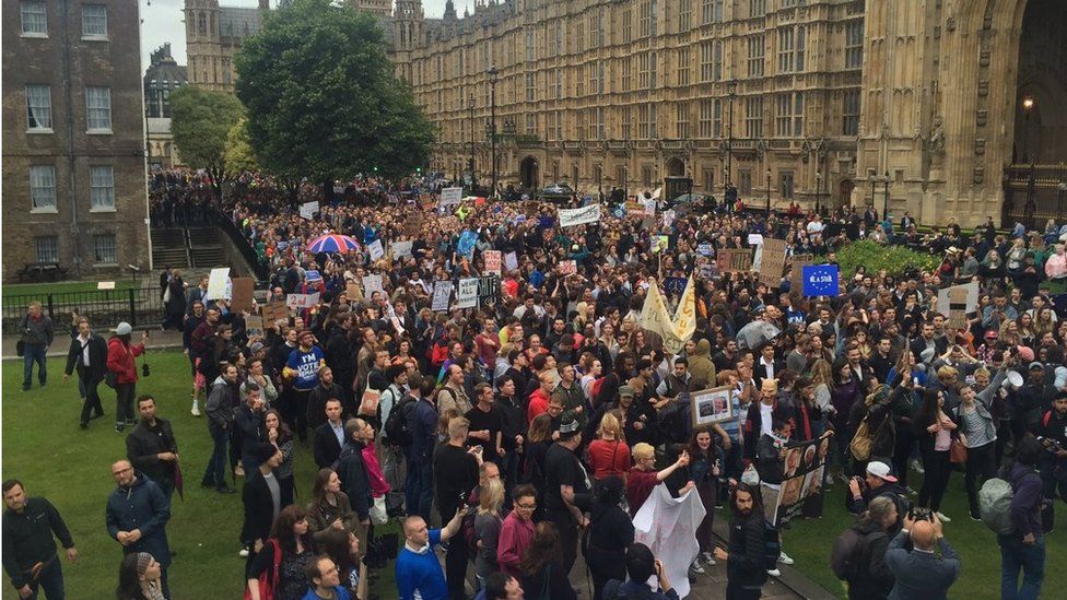 Pro-EU crowds demonstrating outside Parliament