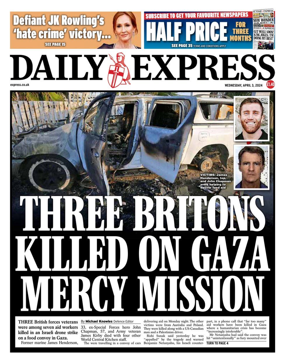 The Express front page. The headline reads: Three Britons killed on Gaza mercy mission