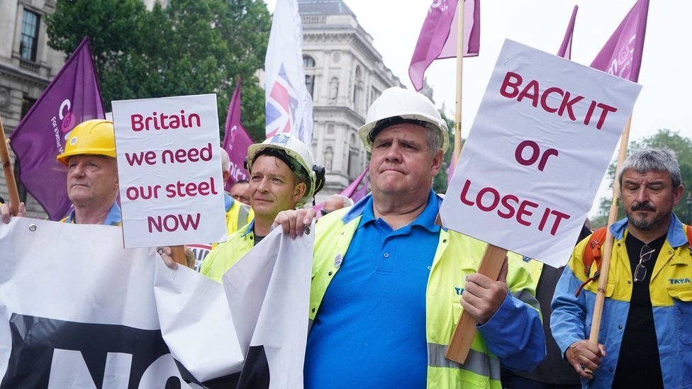 steelworkers outside Parliament