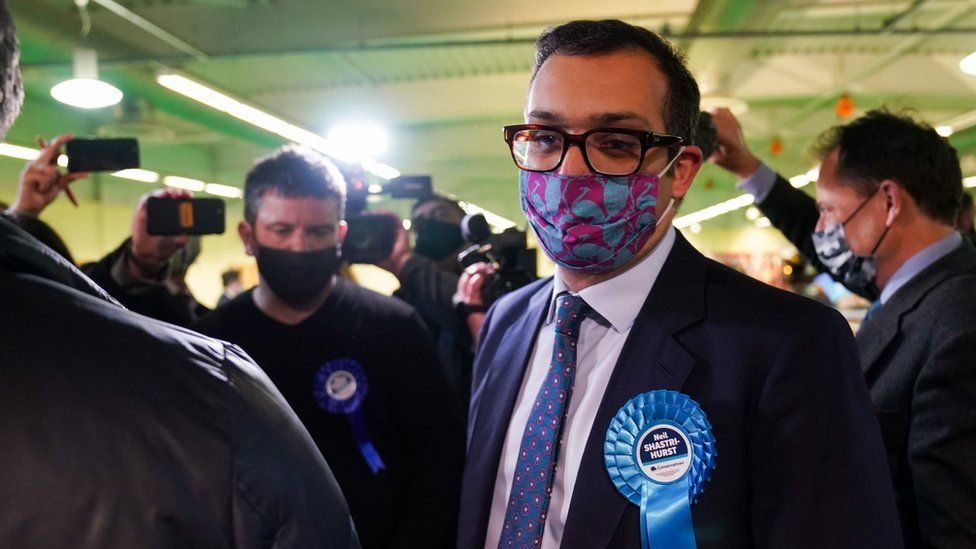 Conservative Party candidate Neil Shastri-Hurst after the declaration of the North Shropshire by-election at Shrewsbury Sports Village