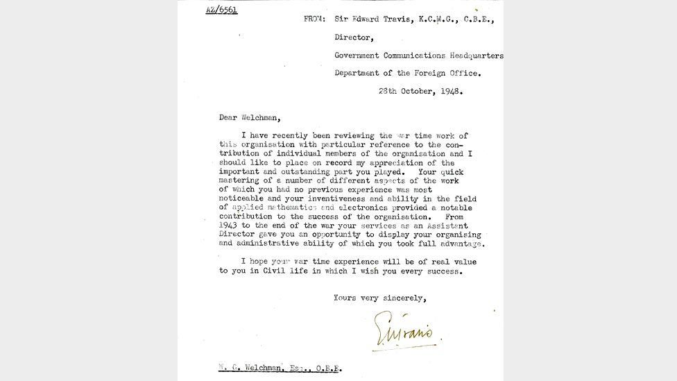 Letter from Sir Edward Travis to Gordon Welchman regarding his war service at Bletchley Park, 1946