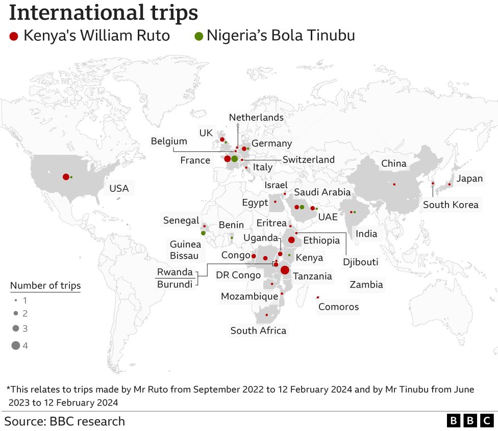 Map showing the countries Presidents Ruto and Tinubu have travelled to