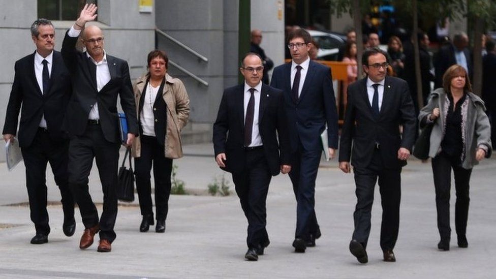 Dismissed Catalan cabinet members (L-R): Interior Minister Joaquim Forn, Foreign Affairs Minister Raul Romeva, Labour Minister Dolors Bassa, Government Presidency Councillor Jordi Turull, Justice Minister Carles Mundo, Sustainable Development Minister Josep Rull and Culture Minister Meritxell Borras arrive at Spain's High Court
