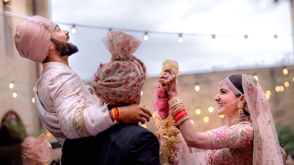 Indian cricketer Virat Kohli and Bollywood actress Anushka Sharma at their wedding ceremony in Buoncovento near Siena, Italy, on 11 December 2017