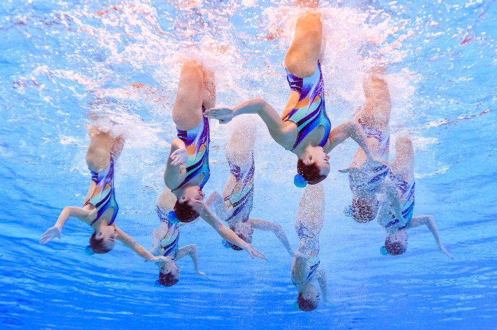 Team Slovakia competes in the preliminary round of the team free artistic swimming event during the 2024 World Aquatics Championships at Aspire Dome in Doha on February 8, 2024.