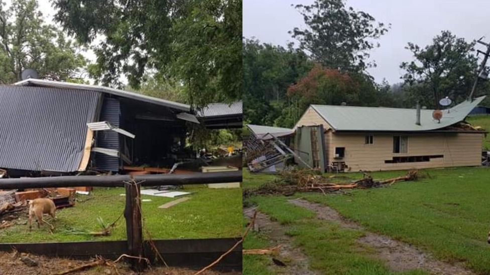 A split image of the flood debris and wreckage of the two Costigan houses