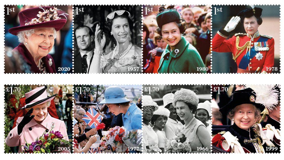 Eight stamps commemorating the Queen