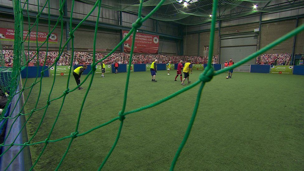 A shot from behind the goal at Hillsborough Ages walking football