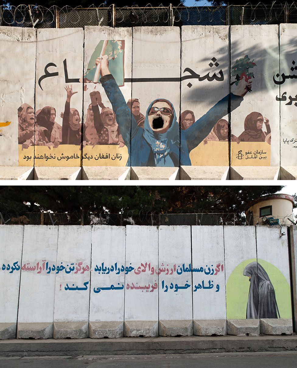 Pre-Taliban graffiti in Kabul ['Brave! Afghan women will not be silent anymore' (top), November 2021 which has now been replaced with the message: 'If Afghan woman knows her values, she will cover herself.' (photo taken 13 August 2023(bottom)