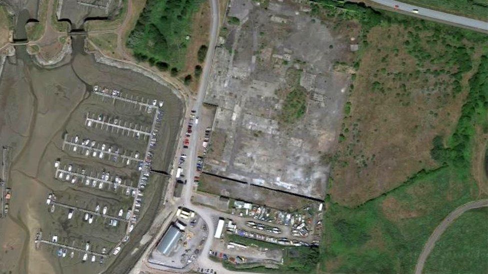Aerial view of Burry Port harbour and former Grillo factory site