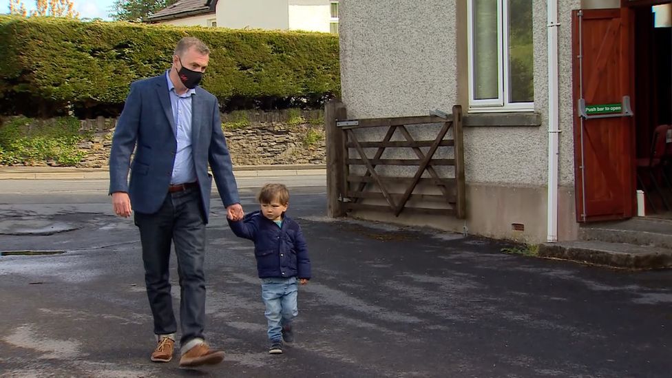 Plaid Cymru leader Adam Price arriving to vote at a polling station in Pontargothy, Nantgarredig, Carmarthenshire