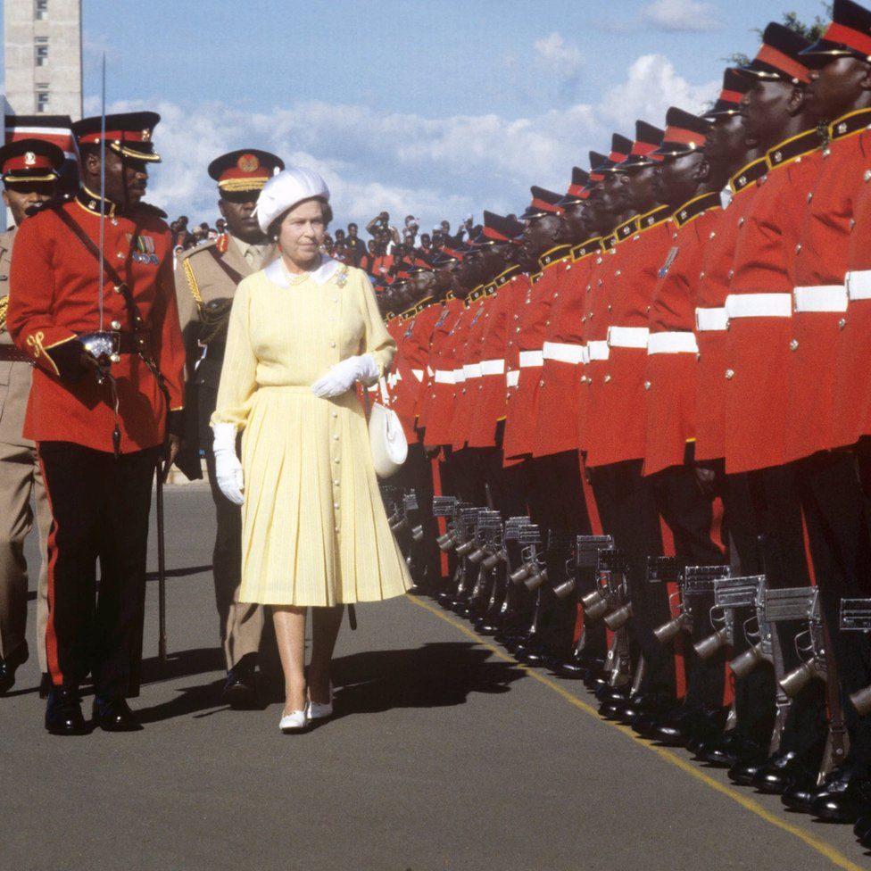 Queen Elizabeth II inspecting the Guard of Honour at Jomo Kenyatta International Airport