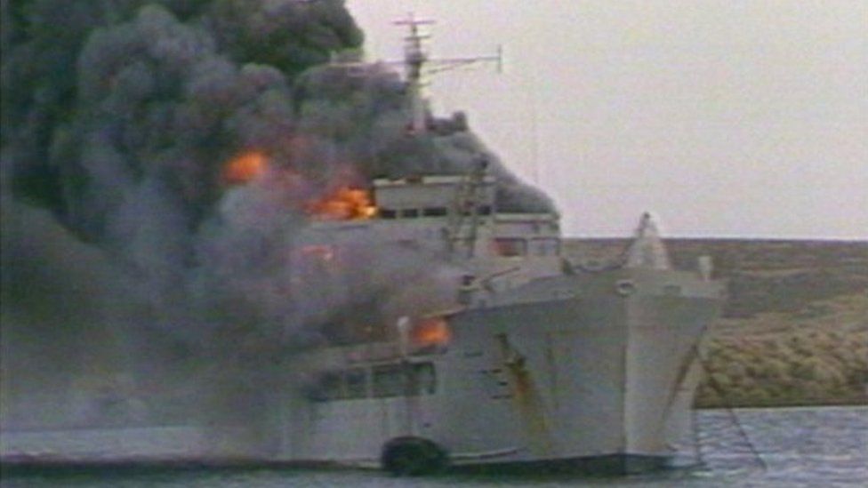 RFA Sir Galahad on fire after Argentine air raid, June 1982
