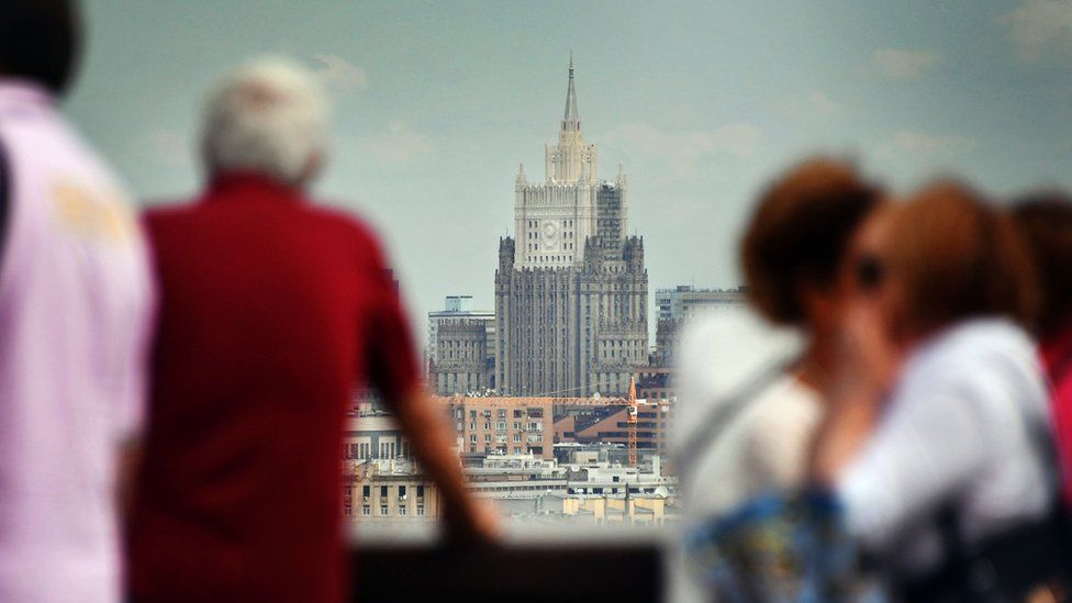 The main building of the Russian Foreign Ministry seen from an observation point at Vorobyovy Gory in Moscow, 12 July 2017