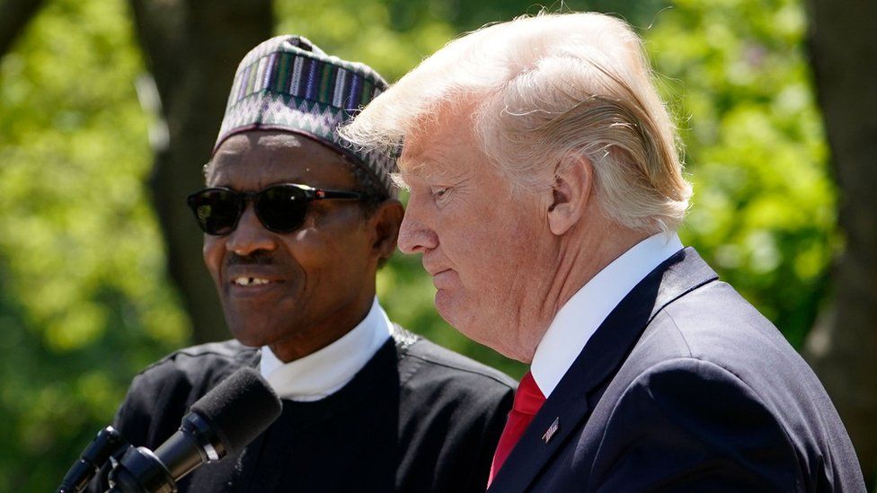 US President Donald Trump and Nigeria"s President Muhammadu Buhari take part in a joint press conference in the Rose Garden of the White House on April 30, 2018 in Washington, DC.