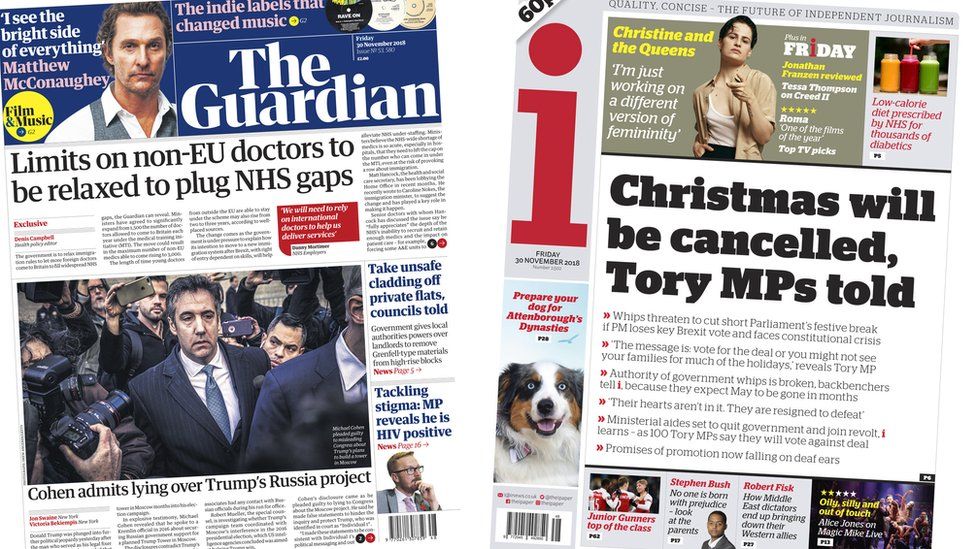 Guardian and i front pages for 30/11/18