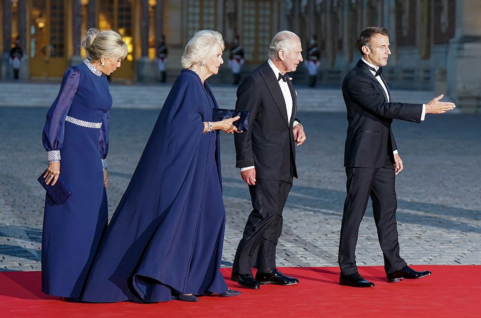 Brigitte Macron, Queen Camilla, King Charles III and French President Emmanuel Macron attending the State Banquet at the Palace of Versailles, Paris