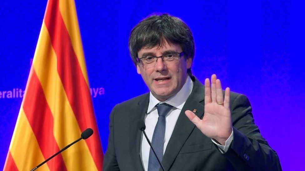 Catalan President Carles Puigdemont speaks at a news conference in Barcelona. Photo: 2 October 2017