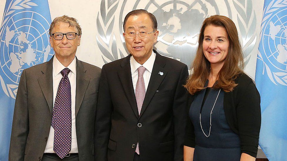 Bill and Melinda Gates with then-UN Secretary General Ban Ki-moon at the United Nations in 2015