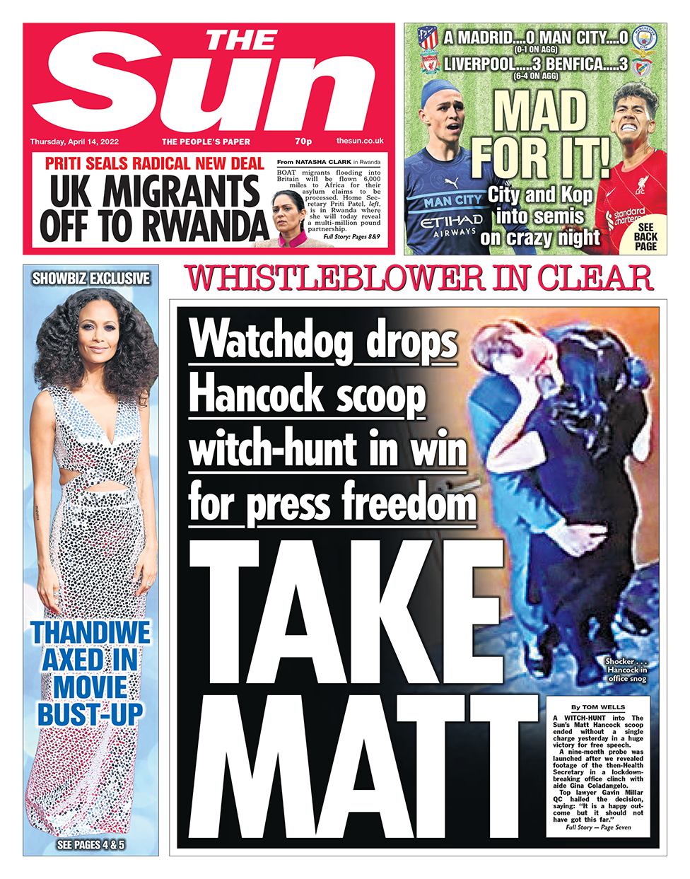 The headline in the Sun reads: "Watchdog drops Hancock scoop witch-hunt in win for press freedom"