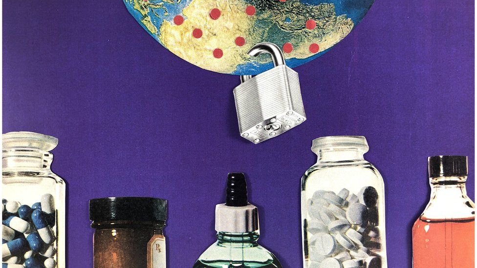 Collage showing an earth with a padlock and bottles of pills in the forefront.