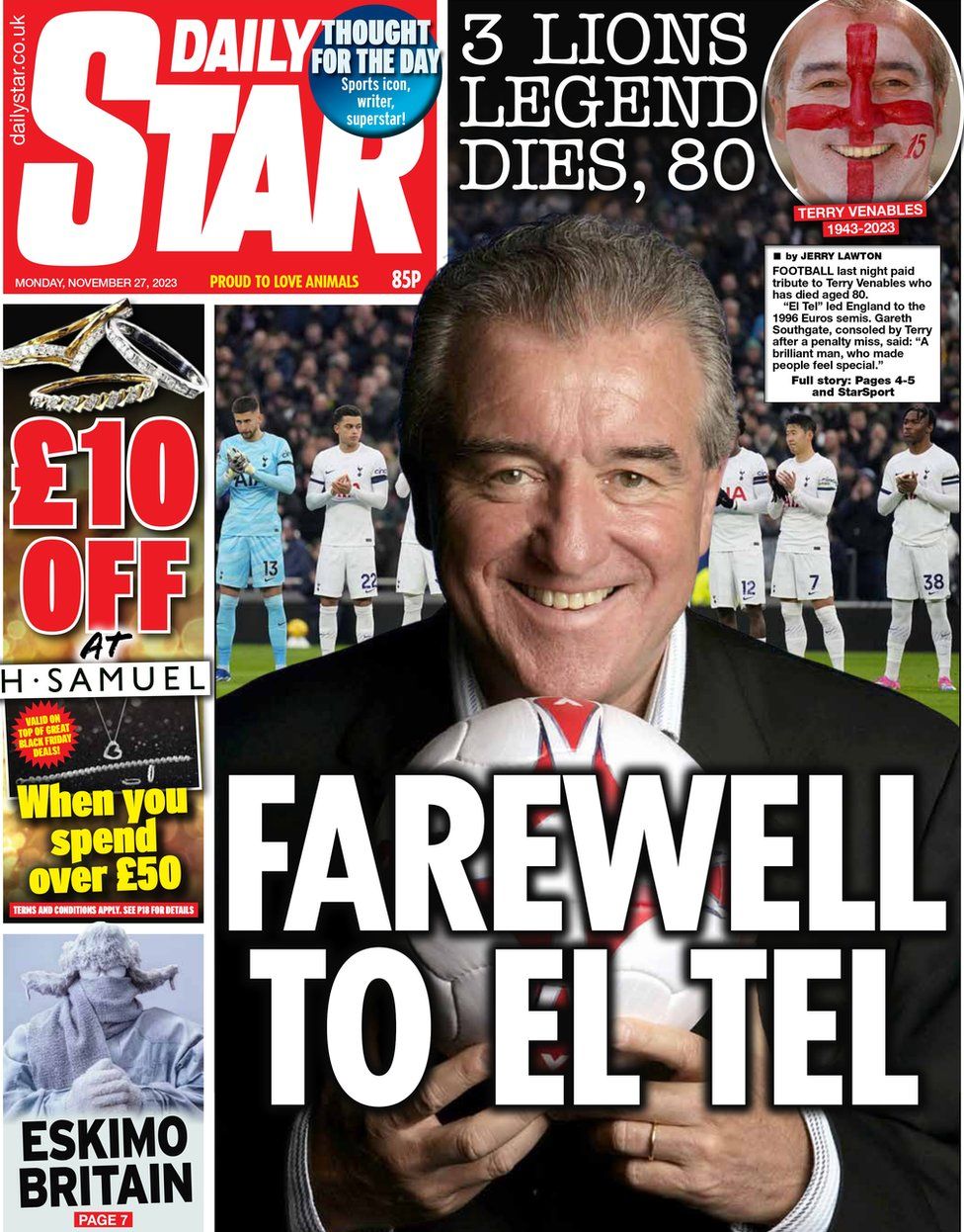 The main headline on the Daily Star reads "Farewell to El Tel"