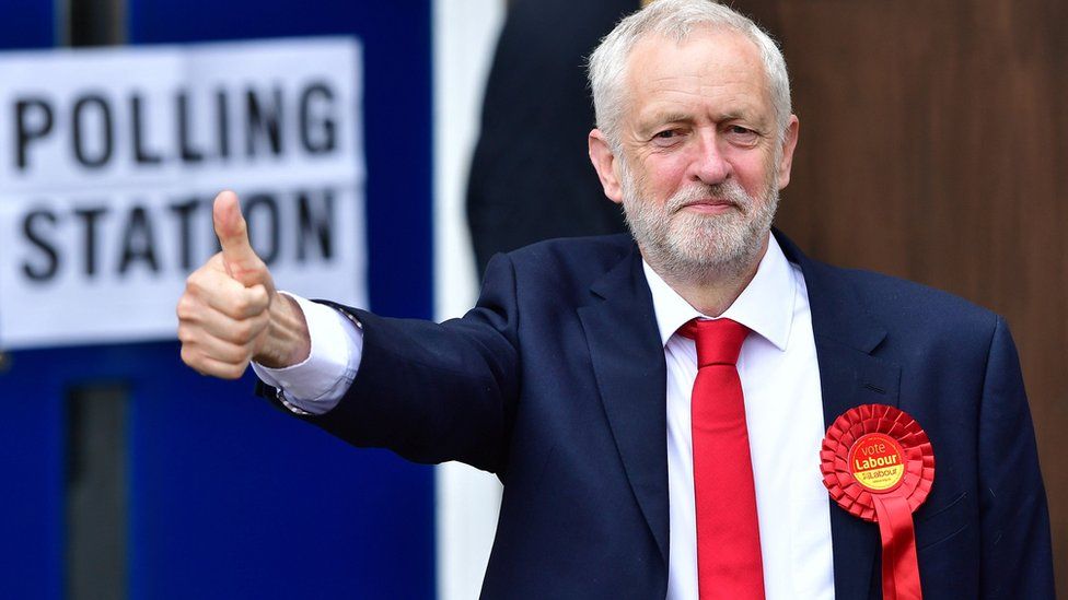 Jeremy Corbyn at a polling booth holding his thumbs up
