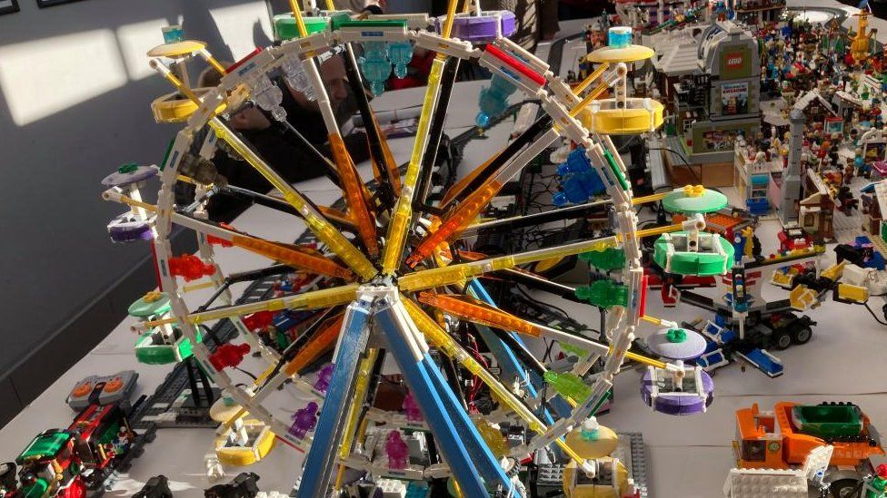 Lego big wheel with coloured gondolas as part of Lego town display