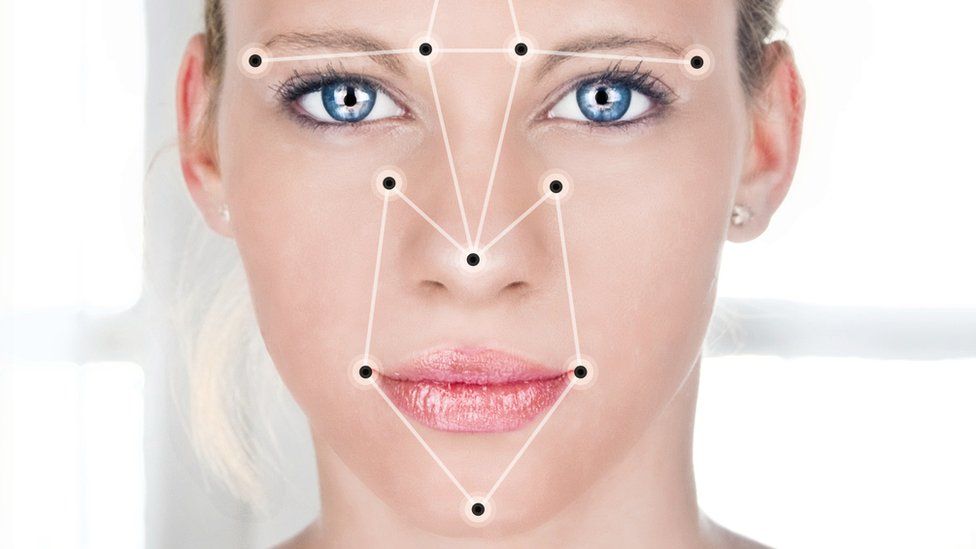 Woman's face superimposed with face detection points