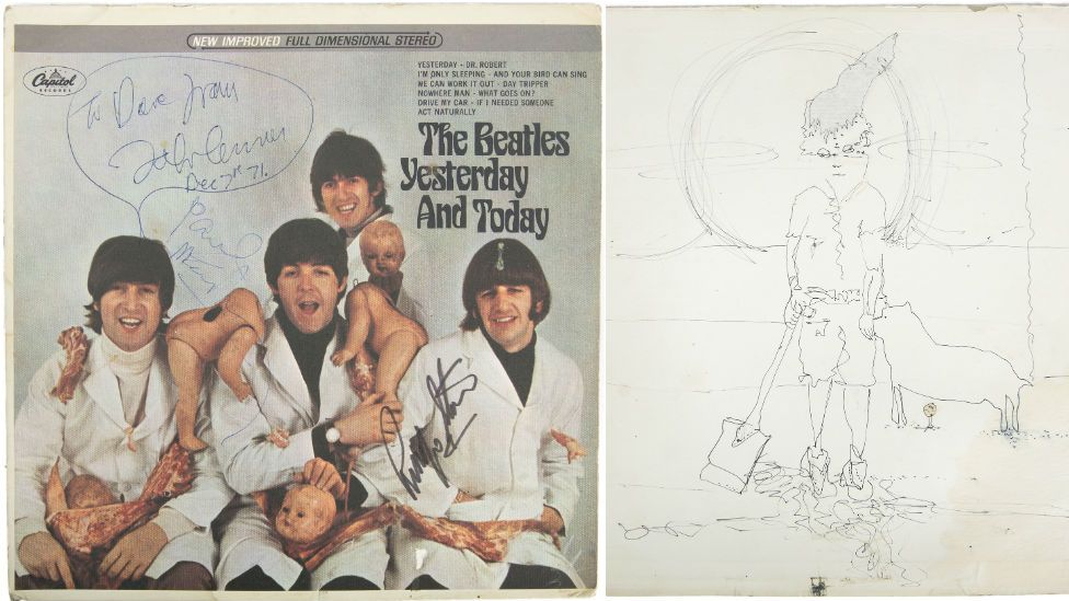 The so-called "butcher" cover of Yesterday And Today and John Lennon's sketch