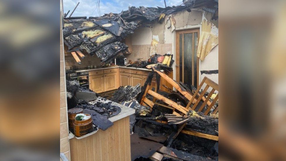 Fire damage to a bungalow in Pwllheli