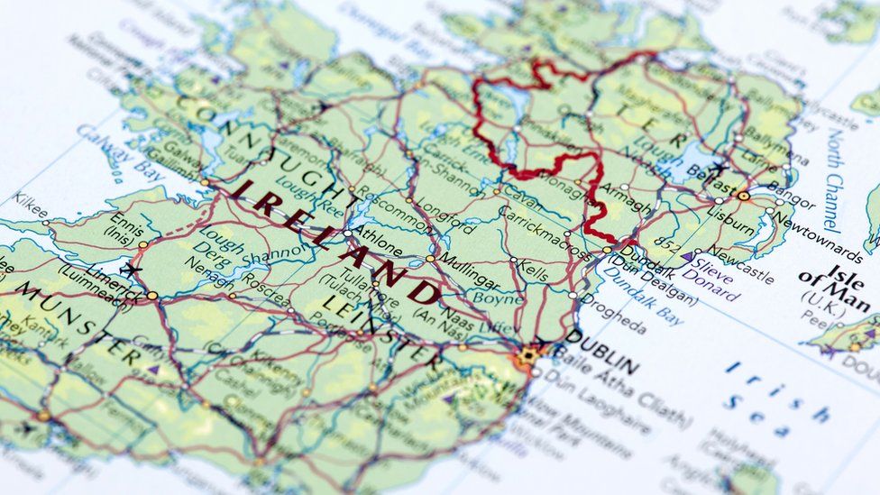 A map of Ireland, with the border separating the Republic of Ireland and Northern Ireland highlighted in bold red