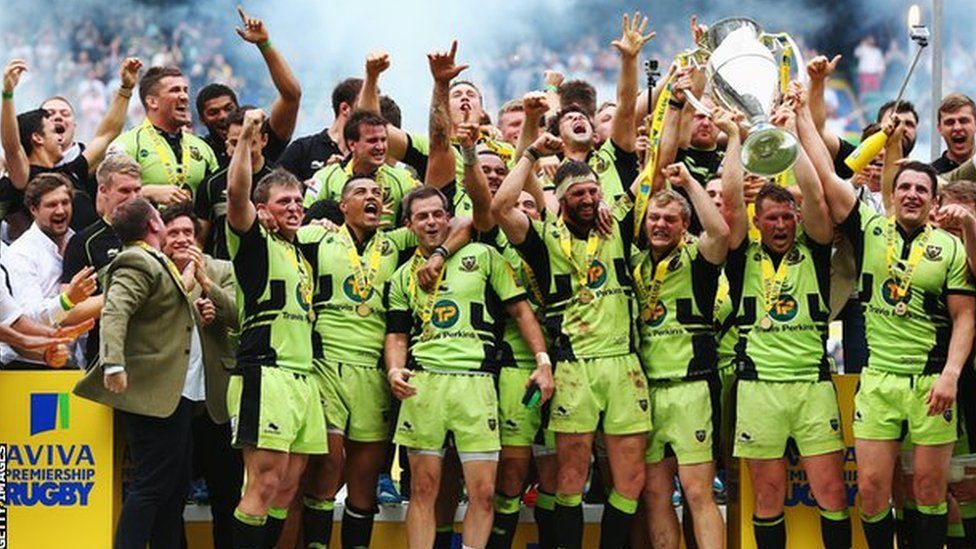 Northampton Saints with the Premiership trophy