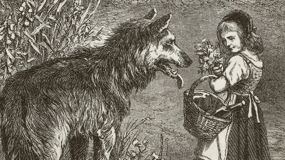 Little Red Riding Hood, wood engraving, published in 1873 - stock illustration