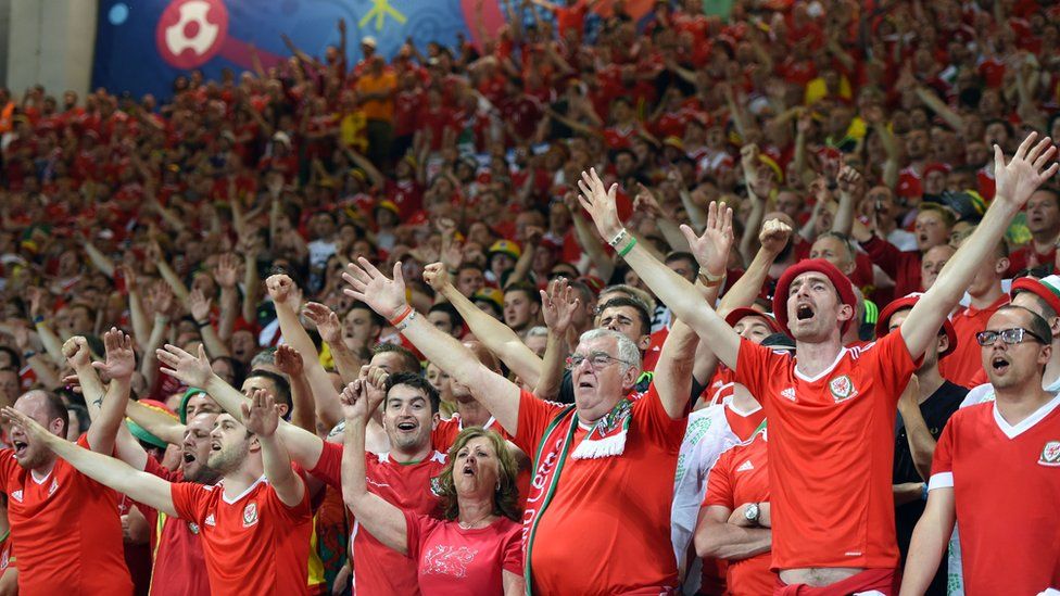 Wales fans celebrate their side's win over Russia at Euro 2016