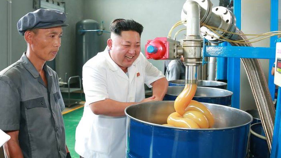 Kim Jong-un inspects a lubricant products factory in Nampo in 2014