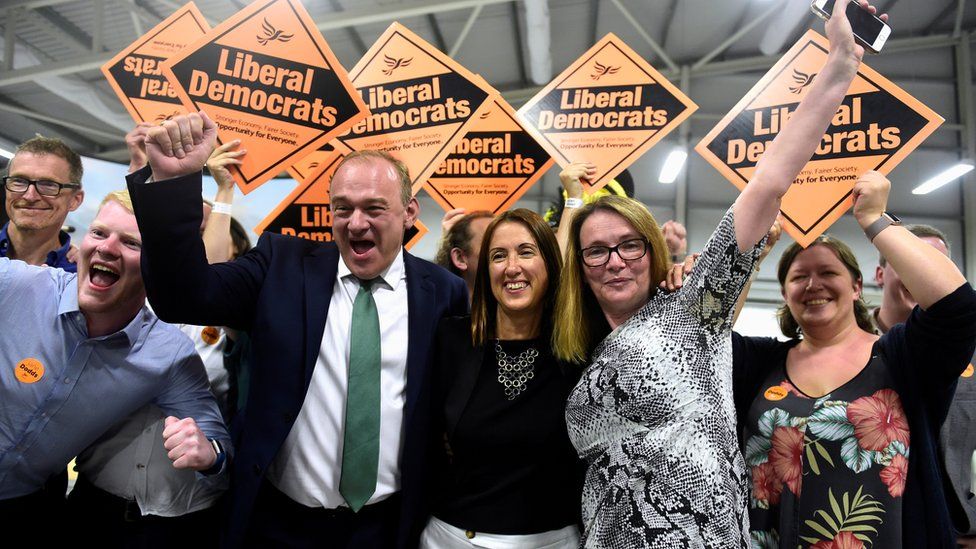 Jane Dodds (centre) celebrates her by-election victory with Lib Dem leader Sir Ed Davey and Kirsty Williams in 2019