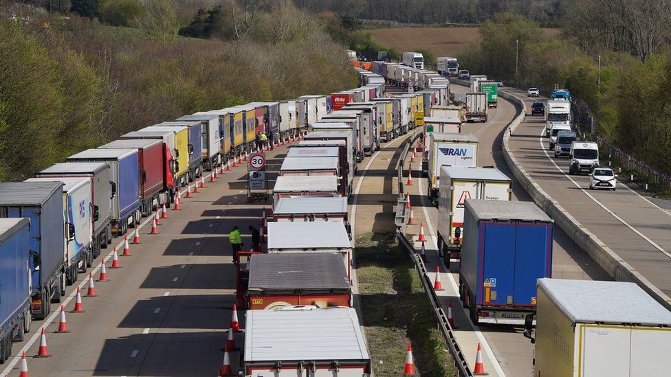 Lorries queuing in Kent in April 2022 because of delays at Dover
