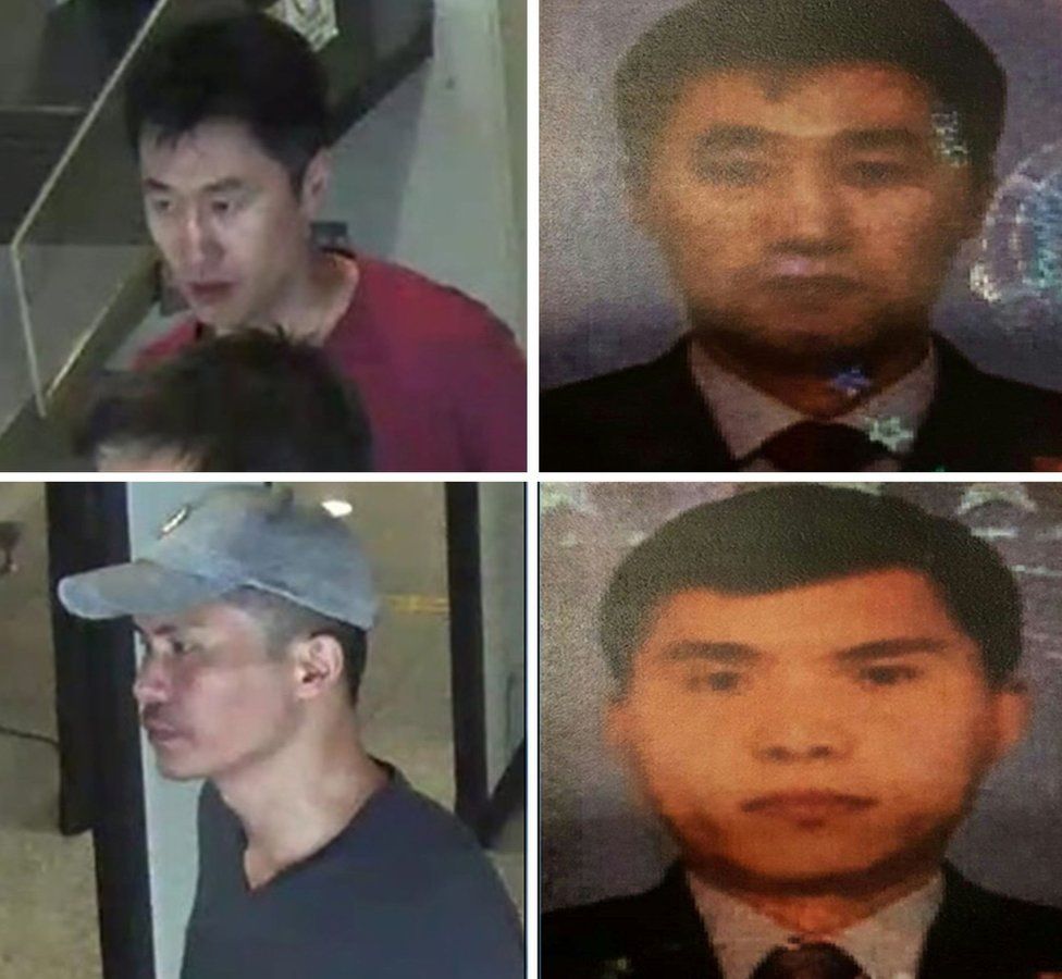Handout pictures released by the Royal Malaysian Police in Kuala Lumpur on February 19, 2017 showing CCTV images and passport style photos of suspects Hong Song Hac, Ri Ji Hyon.