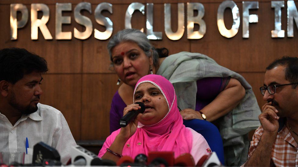 Bilkis Bano addresses a press conference in Delhi on 8 May 2017