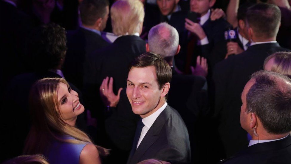 Jared Kushner and his wife Ivanka Trump acknowledge the crowd at the New York Hilton Midtown