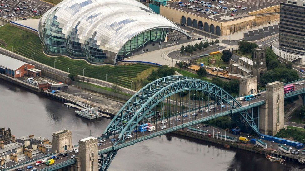 Aerial shot of the Tyne Bridge with Gateshead Quays in the background