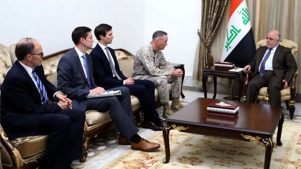 Iraqi Prime Minister Haider al-Abadi (R), welcomes Marine Corps General Joseph Dunford, chairman of the Joint Chiefs of Staff (2nd R), and US President Donald Trump"s son-in-law and senior advisor Jared Kushner (3rd L) in Baghdad.