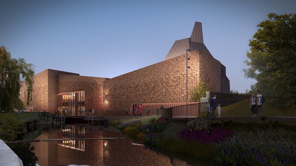 Graphic image of proposed brick theatre build alongside a river